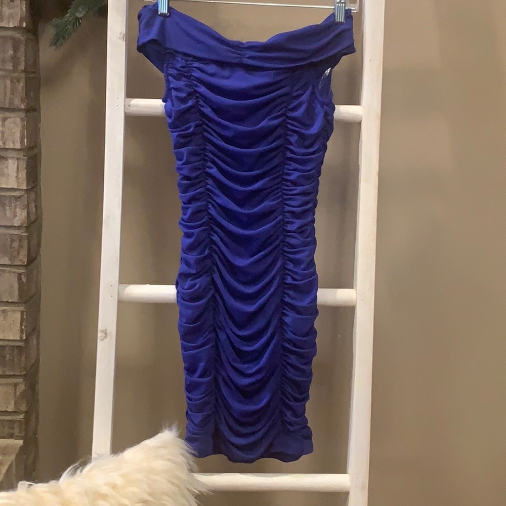 Privy Royal blue ruched off the shoulder dress. Small